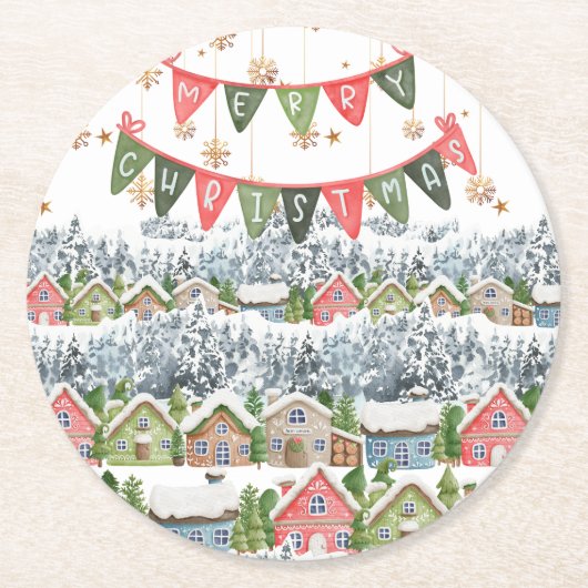 かわいい雪のクリスマスビレッジ ラウンドペーパーコースター (正面)