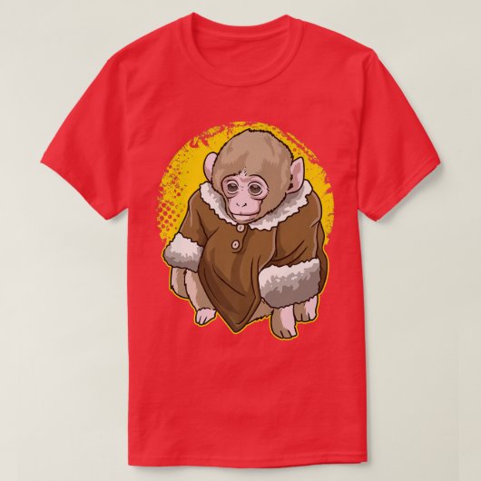 かわいい雪のマカク猿コートを着たミーム Tシャツ (デザイン正面)