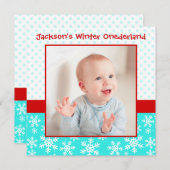 かわいい雪の冬のオンダーランドフォトティール(緑がかった色)レッド 招待状 (正面/裏面)