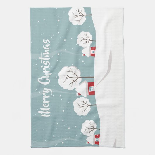 かわいい雪の家と木のクリスマス キッチンタオル (縦)