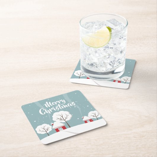かわいい雪の家と木のクリスマス スクエアペーパーコースター (インサイチュ)