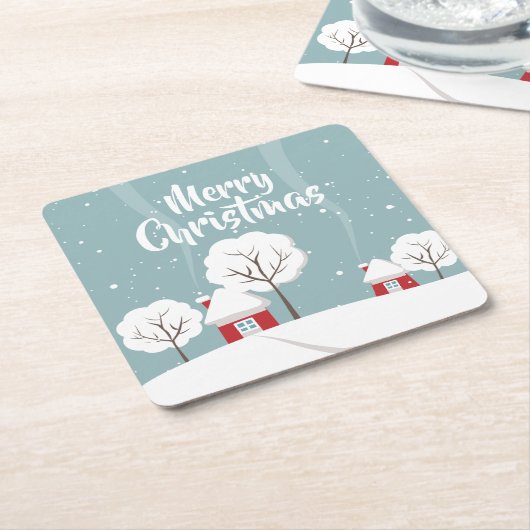 かわいい雪の家と木のクリスマス スクエアペーパーコースター (アングル)