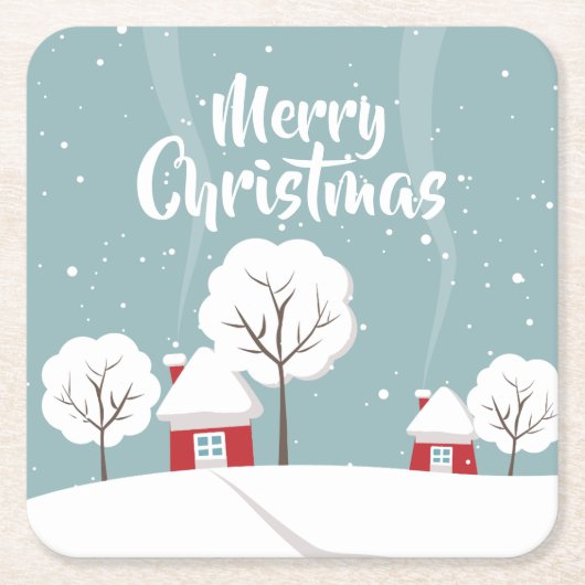 かわいい雪の家と木のクリスマス スクエアペーパーコースター (正面)