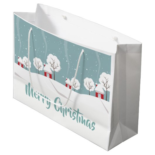 かわいい雪の家と木のクリスマス ラージペーパーバッグ (正面アングル)