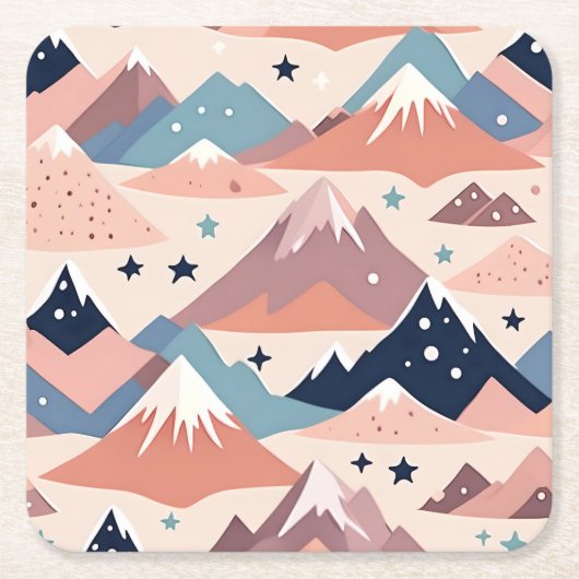 かわいい雪の山や星のパターンピンク スクエアペーパーコースター (正面)