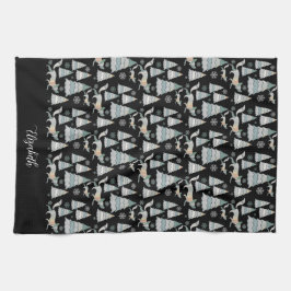 かわいい雪の森と魅力的キツネ キッチンタオル