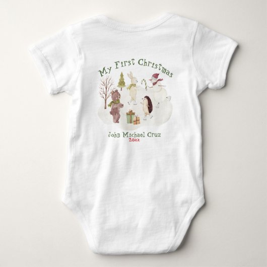 かわいい雪の森の動物シーン私の初めてのクリスマス ベビーボディスーツ (裏面)