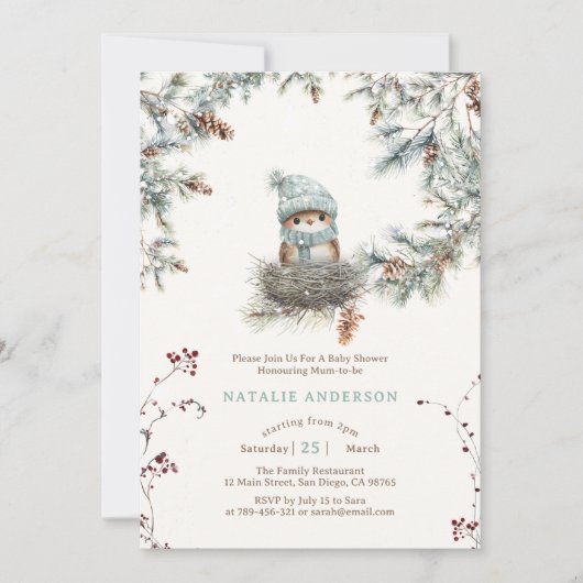 かわいい雪の森の青い鳥の巣の赤ちゃんシャワー 招待状 (正面)