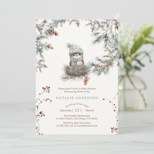 かわいい雪の森の青い鳥の巣の赤ちゃんシャワー 招待状 (スタンド正面)