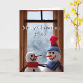 かわいい雪の父と息子のクリスマスカード カード (黄色い花)