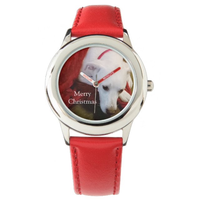 かわいい雪の白い子犬の赤いクリスマス 腕時計 (正面)