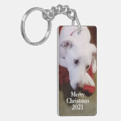 かわいい雪の白い犬のクリスマスレッド キーホルダー (正面左)