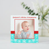 かわいい雪の結晶の冬のワンダーランド写真 ティール 赤 招待状 (スタンド正面)