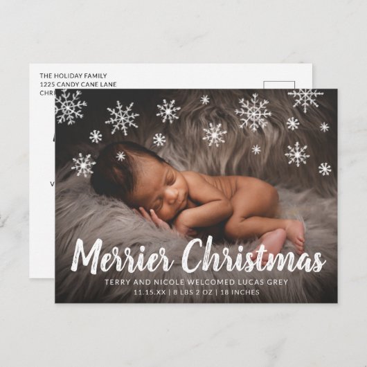かわいい雪の結晶フォトホリデー誕生のお知らせ 案内ポストカード (正面/裏面)