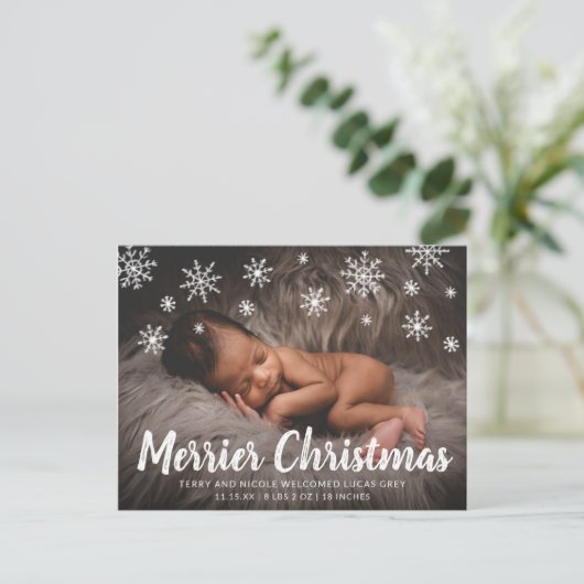 かわいい雪の結晶フォトホリデー誕生のお知らせ 案内ポストカード (スタンド正面)