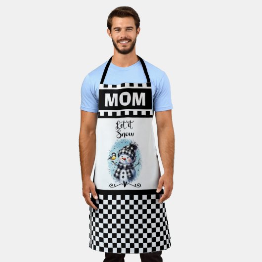 かわいい雪の雪だるまとパター市松模様にン エプロン (着用した状態)