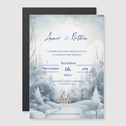 かわいい雪の風景の冬の結婚式 マグネット招待状 (正面/裏面)