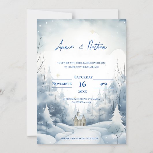 かわいい雪の風景の冬の結婚式 マグネット招待状 (正面)