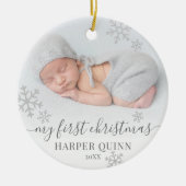 かわいい雪片フォトベビーマイ初めてのクリスマス セラミックオーナメント (正面)