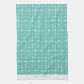 かわいい雪片ホワイトパターンスクリプト名ティール（緑がかった色） キッチンタオル (縦)