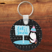 かわいい雪片白黒ペンギンボタン キーホルダー (正面)