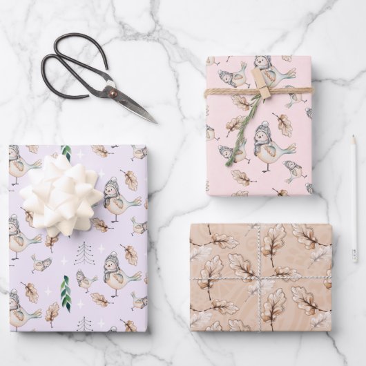 かわいい雪雀の水彩手絵を描 ラッピングペーパーシート (正面)