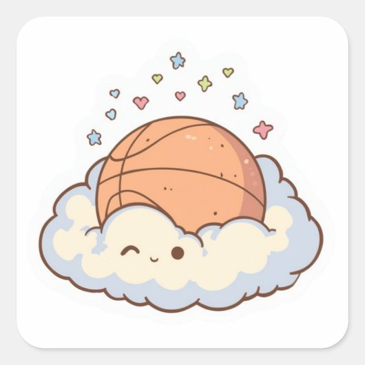 かわいい雲の上でのバスケットボール ステッカー (正面)