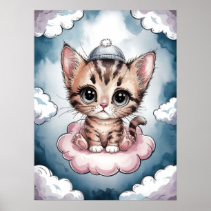 かわいい雲の上の子猫 - 愛らしい水彩画 ポスター