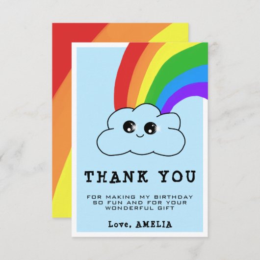 かわいい雲の虹の子供の誕生日 サンキューカード (正面/裏面)