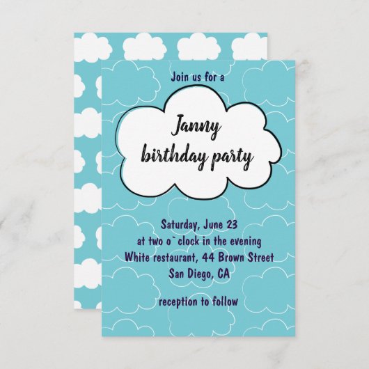 かわいい雲の誕生日パーティーの招待 招待状 (正面/裏面)