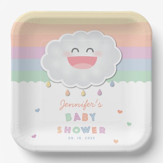 かわいい雲の雨粒男女兼用赤ちゃんシャワー ペーパープレート (正面)
