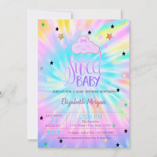 かわいい雲、星、甘いベビー絞り染め赤ちゃんシャワー 招待状 (正面)