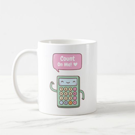 かわいい電卓マグカップ 「頼ってね」 コーヒーマグカップ (左)