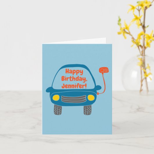 かわいい電気自動車パーソナライズされた誕生日 カード (黄色い花)