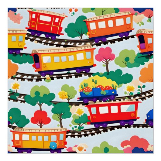かわいい電車と木のパターン ブルー ポスター (正面)