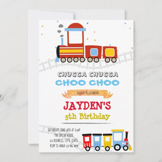 かわいい電車のテーマ誕生日シャワー 招待状 (正面)