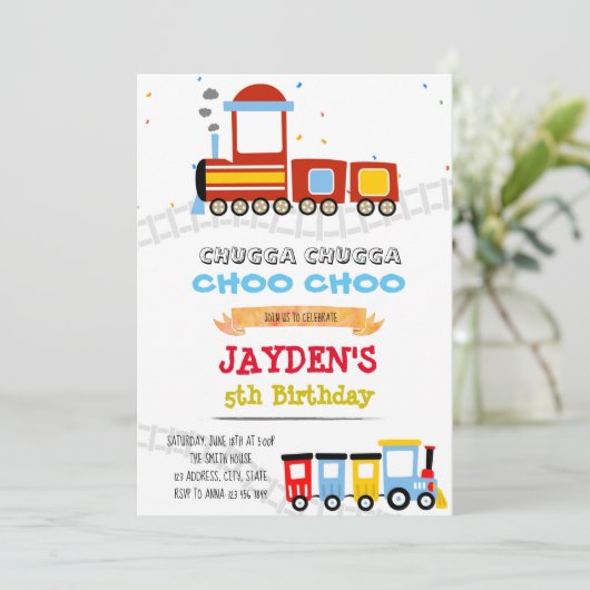 かわいい電車のテーマ誕生日シャワー 招待状 (スタンド正面)