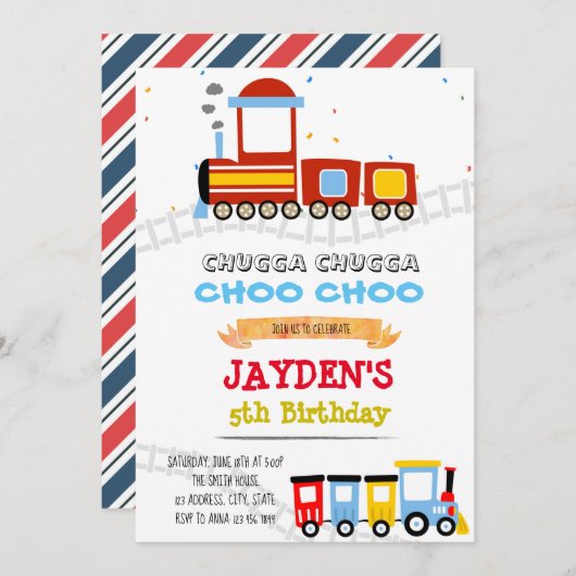 かわいい電車のテーマ誕生日シャワー 招待状 (正面/裏面)