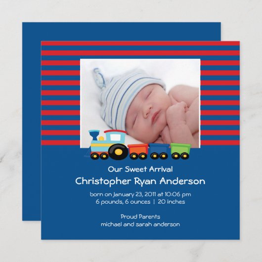 かわいい電車の赤ちゃん男の子の写真お知らせ 案内状 (正面/裏面)