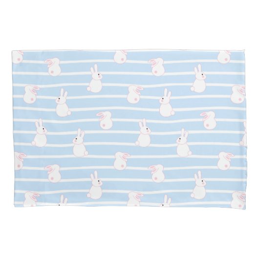 かわいい青いうさぎストライプのの柄 枕カバー (正面左)