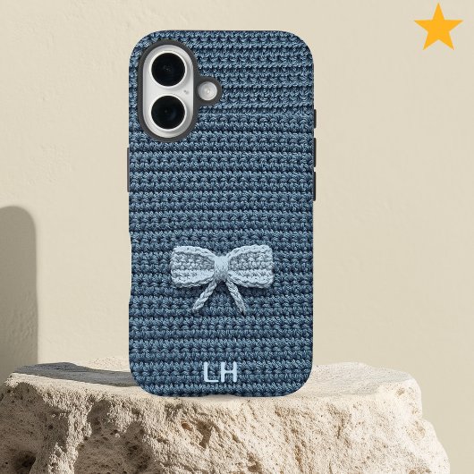 かわいい青いかぎ針編みのリボン+カスタム名入り Case-Mate iPhoneケース