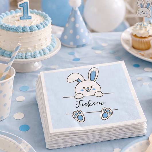 かわいい青いウサギの男の子の1歳の誕生日  スタンダードランチョンナプキン