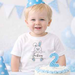 かわいい青いウサギの男の子の1歳の誕生日 ベビーTシャツ