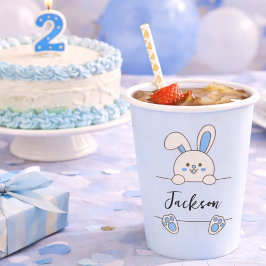 かわいい青いウサギの男の子の1歳の誕生日  紙コップ