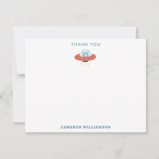 かわいい青いエイリアンの宇宙船1歳の誕生日カスタム サンキューカード (正面)