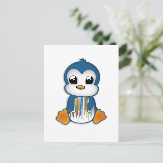 かわいい青いオレンジのペンギン ポストカード (スタンド正面)