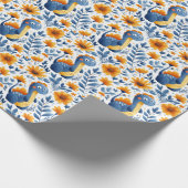かわいい青いオレンジ色の恐竜黄色のデイジー ラッピングペーパー (角)