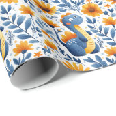 かわいい青いオレンジ色の恐竜黄色のデイジー ラッピングペーパー (ロールコーナー)