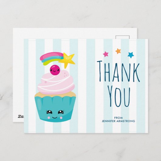 かわいい青いカップケーキとキューア顔の誕生日感謝 ポストカード (正面/裏面)
