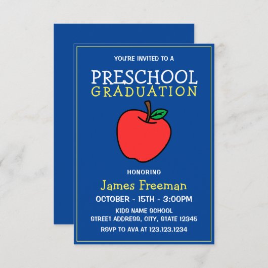 かわいい青いキッズ幼稚園卒業招待状 招待状 (正面/裏面)